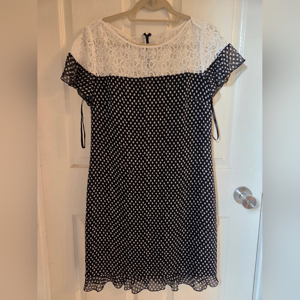 Karl Lagerfeld Lightweight Lined Lace Trim Polka Dot Dress